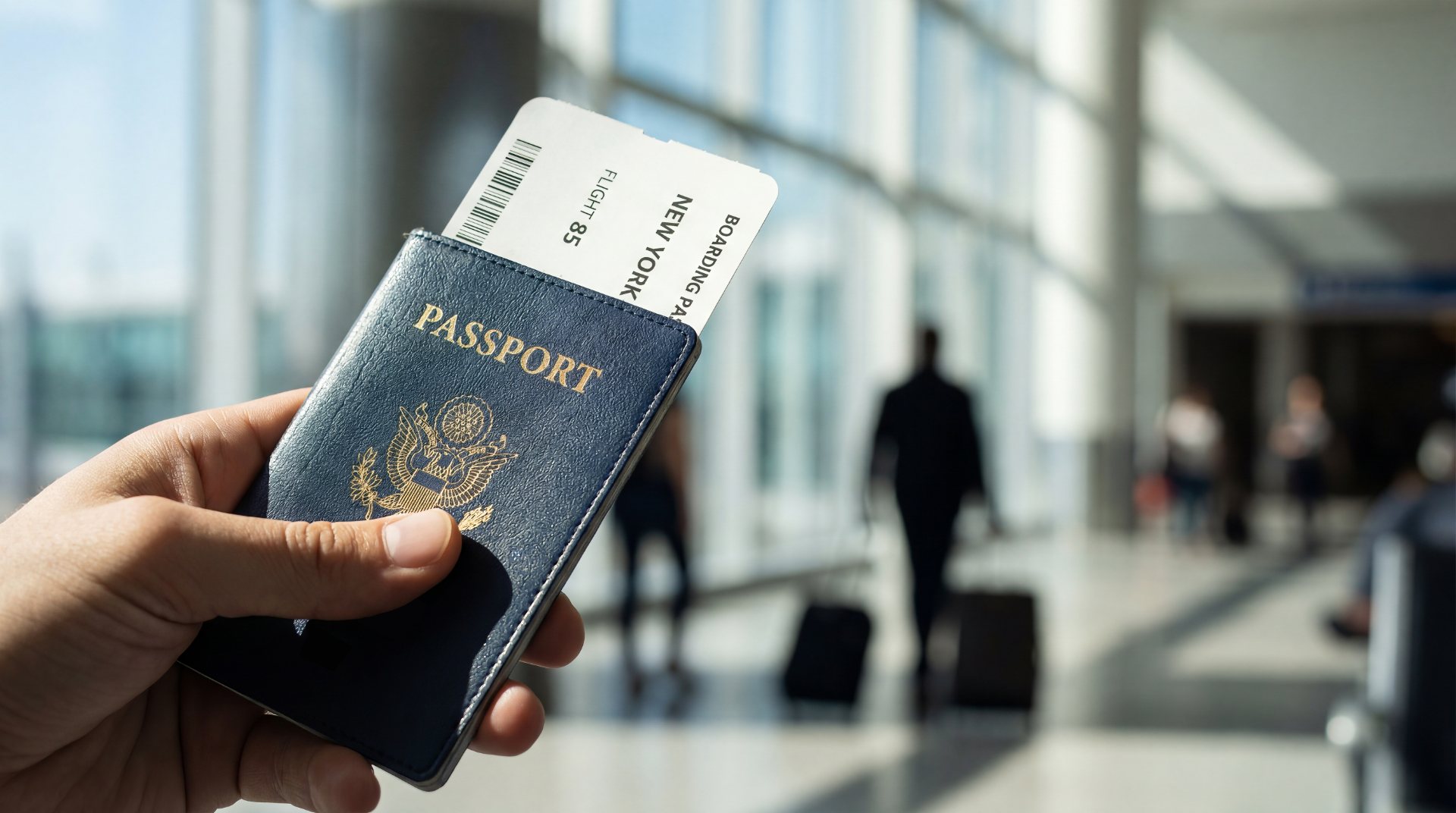 Hand hält Reisepass mit Bordkarte im Flughafenterminal.